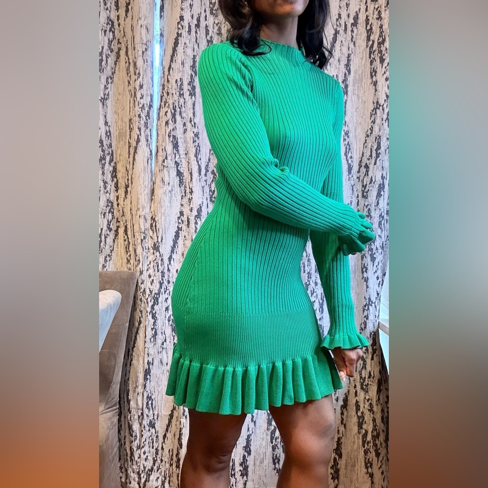 Emerald Green Ribbed Knit Dress - Picture 3 of 8